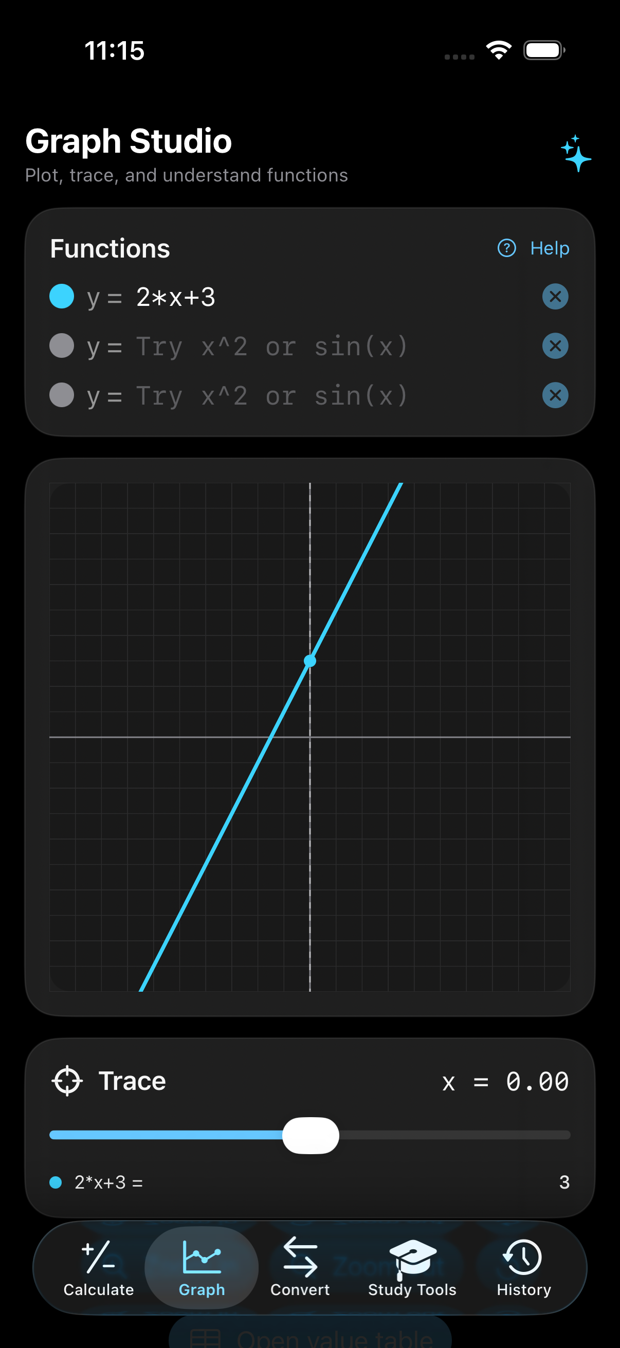 Calculator Plus Easy Graph Studio plotting 2*x+3