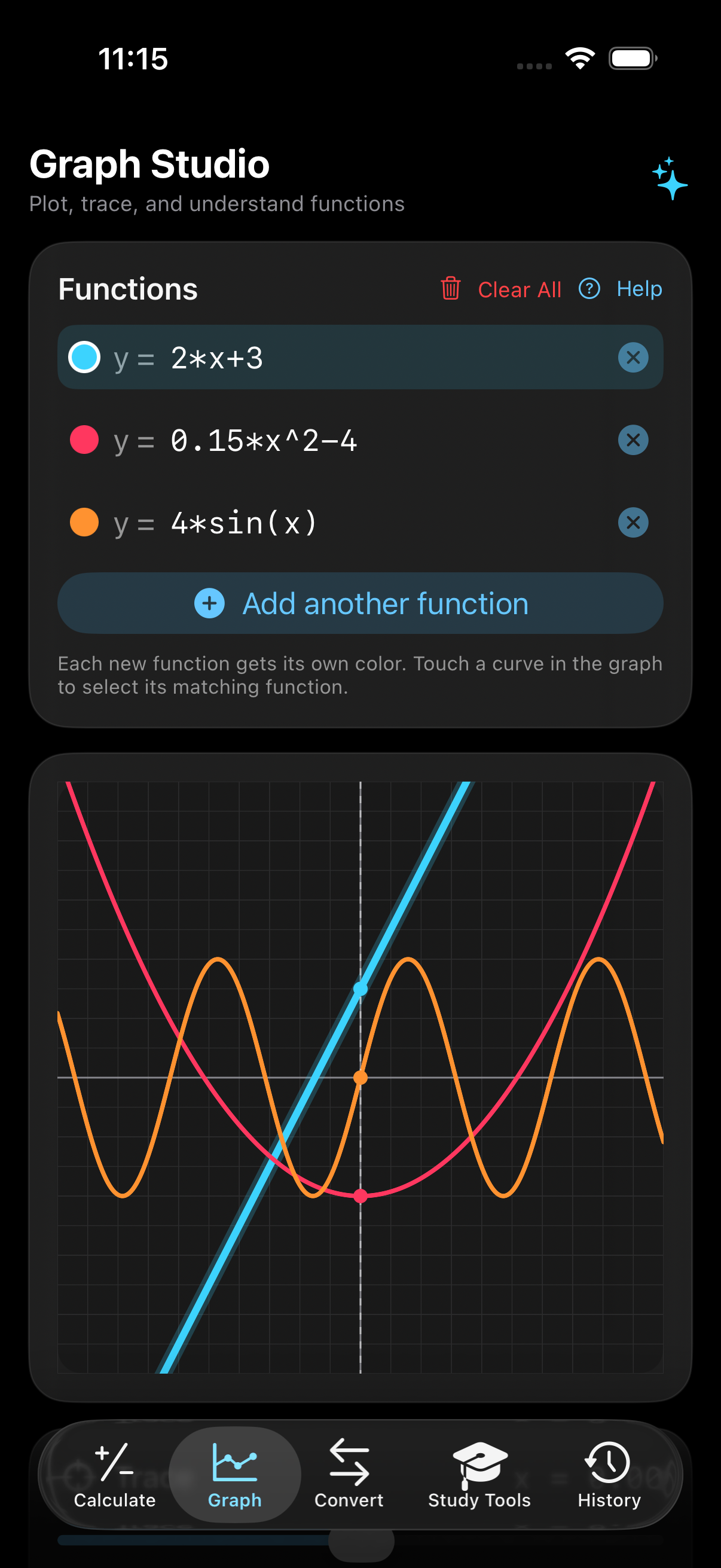 Calculator Plus Easy Graph Studio plotting 2*x+3, 0.15*x^2-4, 4*sin(x)