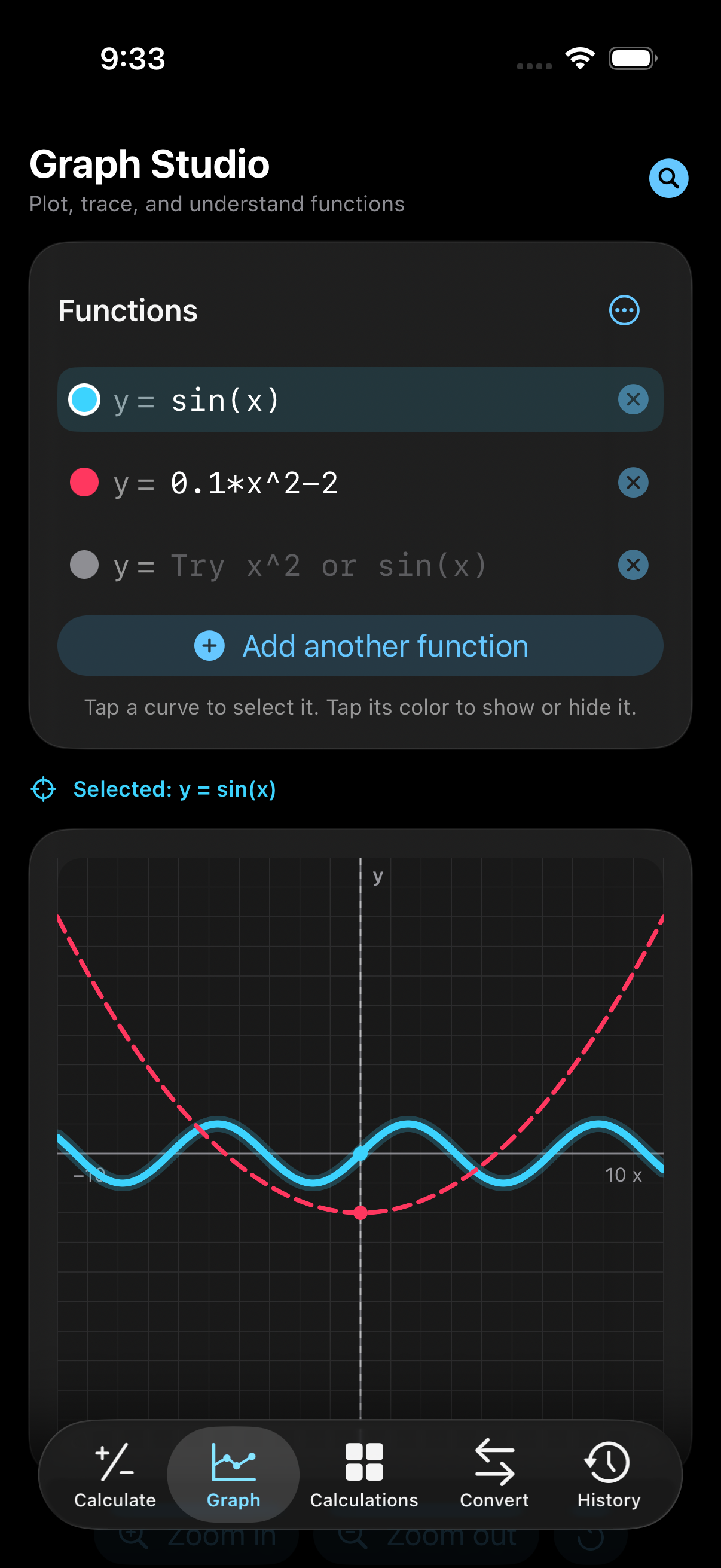 Calculator Plus Easy Graph Studio plotting sin(x), 0.1*x^2-2