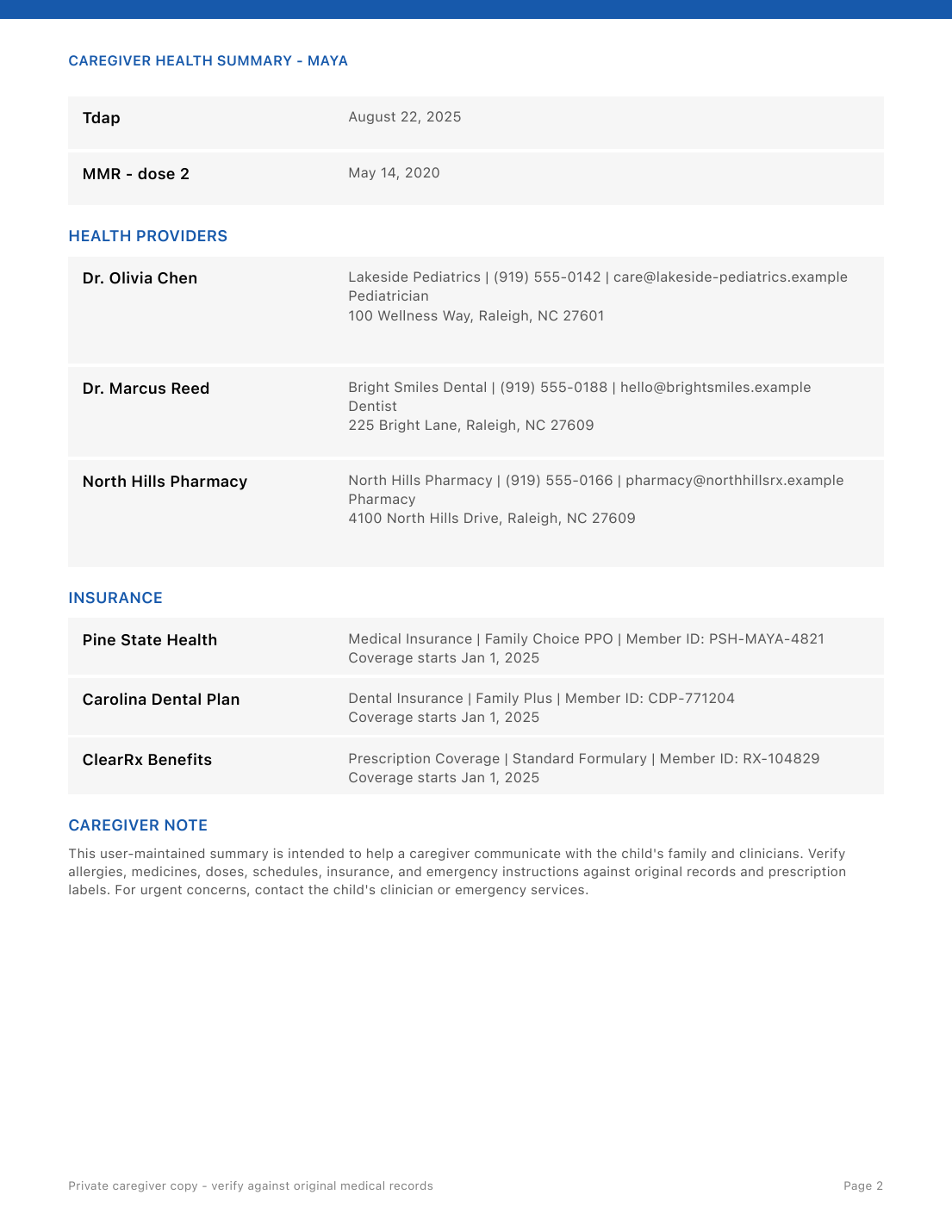 Caregiver health summary — Providers, insurance, and caregiver note