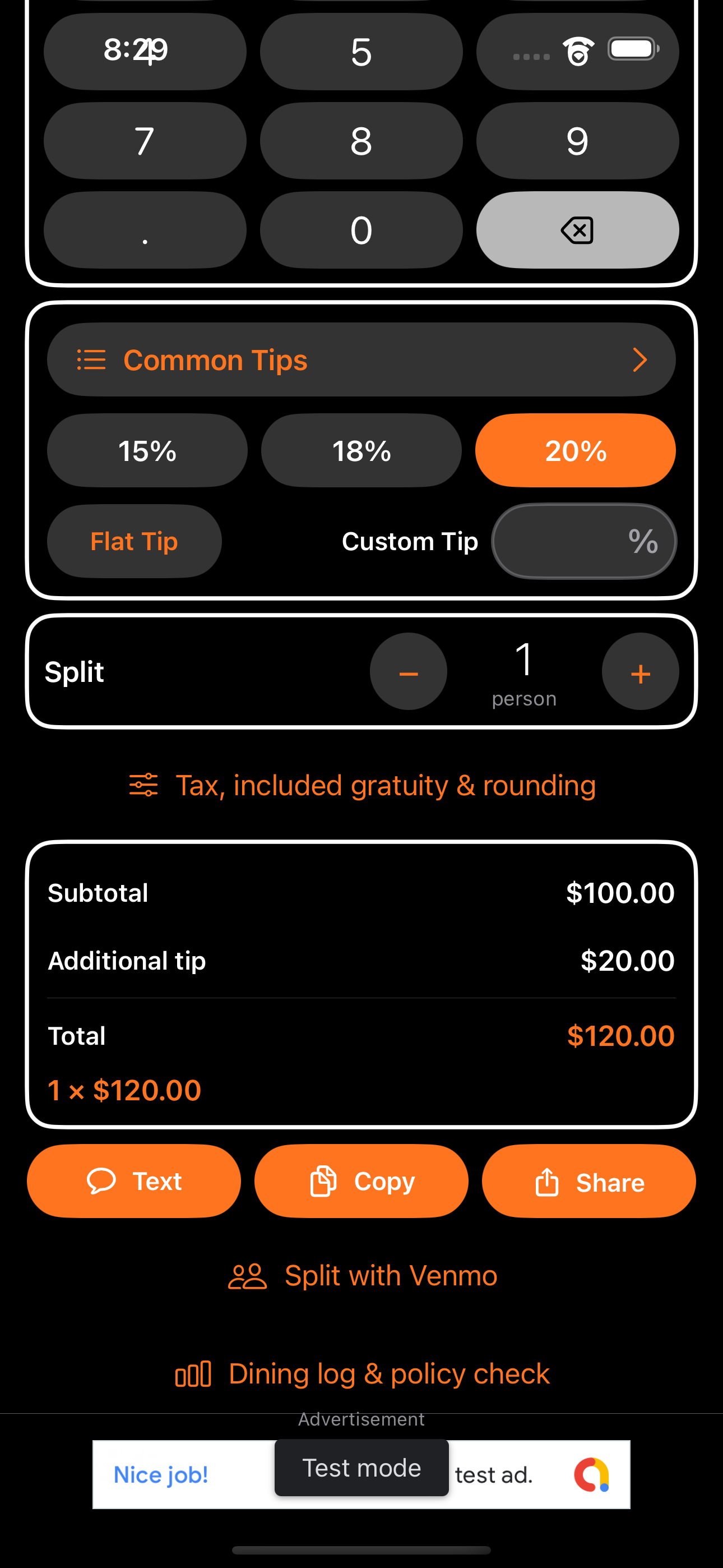 Tip calculator showing a $100 subtotal, $20 tip and $120 total