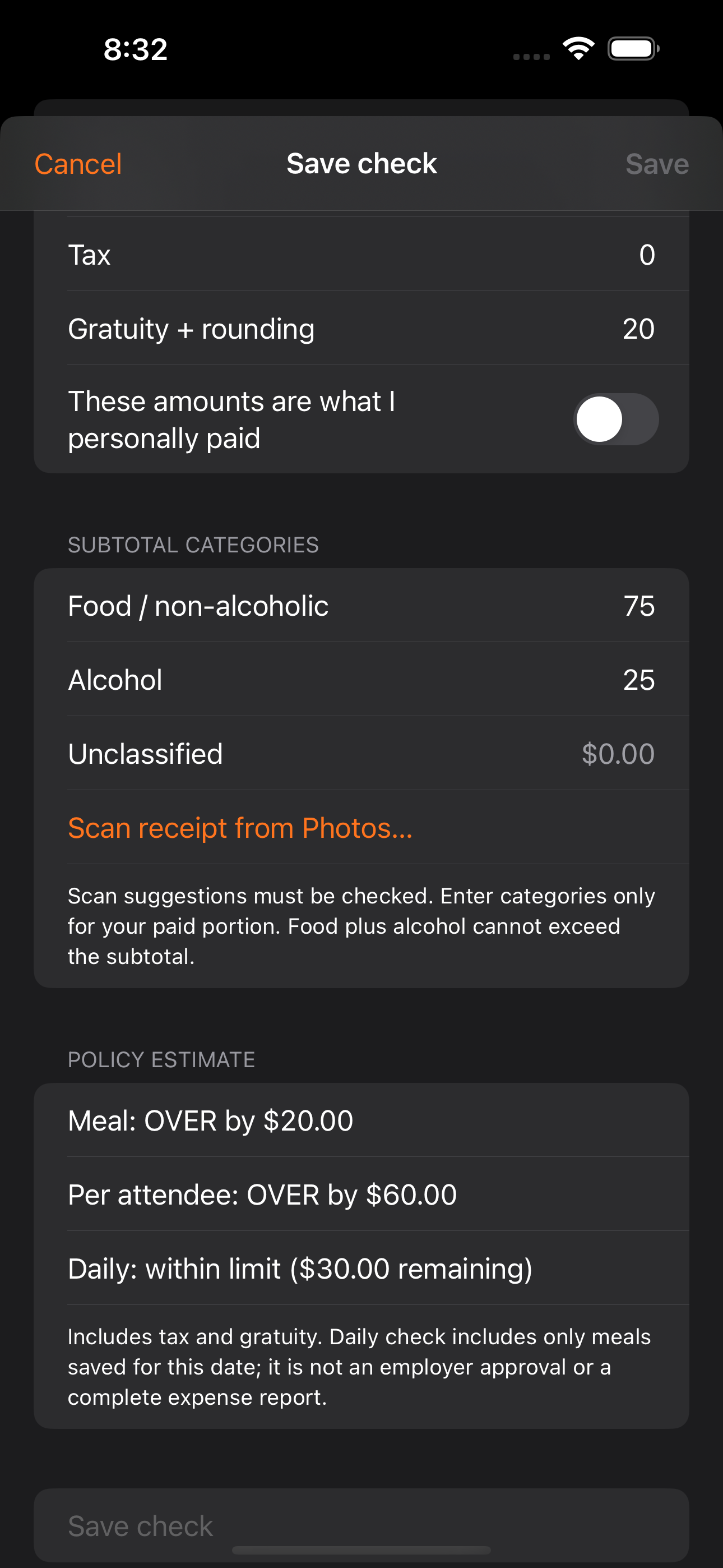 Tip Calculator Easy — See when a meal exceeds a limit